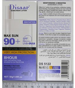 Produs :  Cremă de soare - Sunscreen Lotion - Max Sun 90+ - Marca : Diasaar - InfoCons Protecția Consumatorilor te informează despre produsele cosmetice de tip crema protecție solară / loțiune de protecție solară