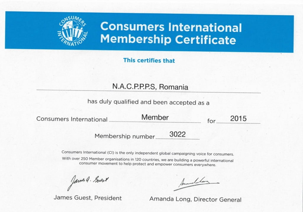Consumers International Membership Certificate - N.A.C.P.P.P.S. Romania 2015