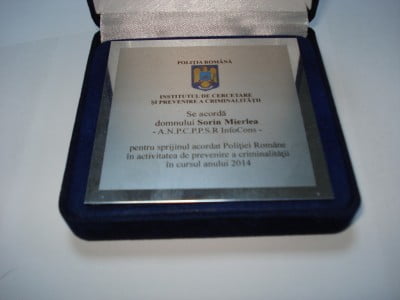 Domnul Sorin Mierlea premiat la evenimentul organizat de Institutul de Cercetare si Prevenire a Criminalitatii