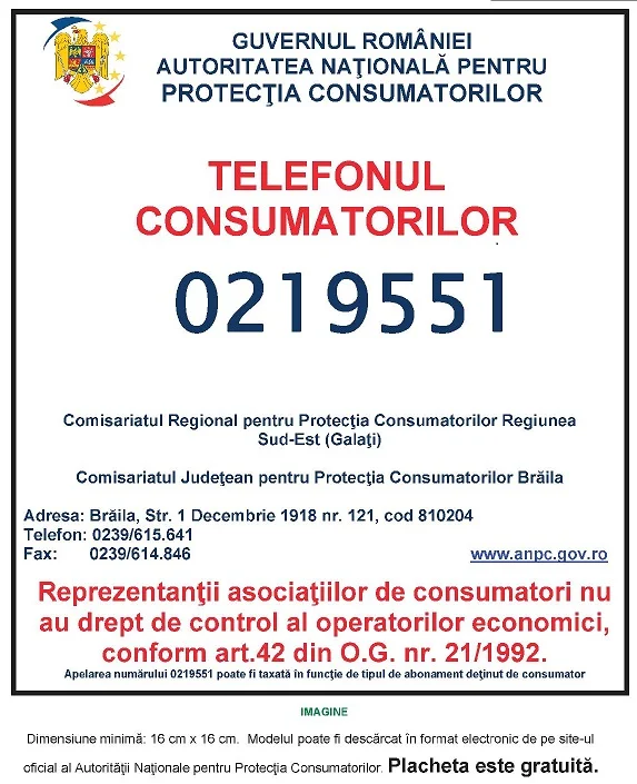 Placheta ANPC - Protectia Consumatorului - Protectia Consumatorilor