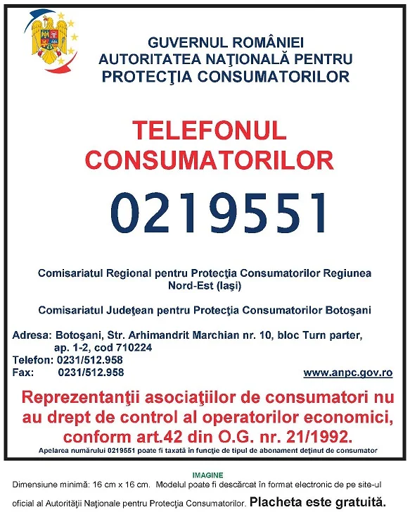 Placheta ANPC - Protectia Consumatorului - Protectia Consumatorilor