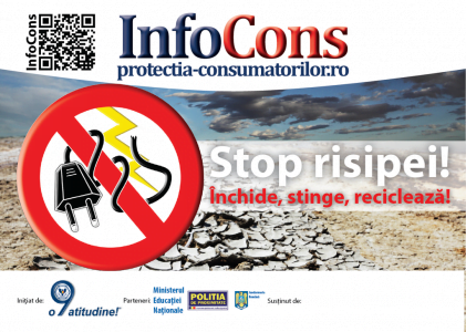 sticker Stop risipei! Inchide, stinge, recicleaza! - InfoCons - Protectia Consumatoirlor