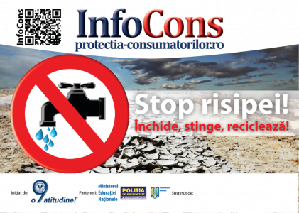 sticker Stop risipei! Inchide, stinge, recicleaza! - InfoCons - Protectia Consumatoirlor