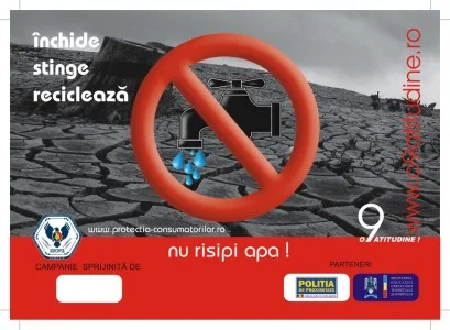 sticker Stop risipei! Inchide, stinge, recicleaza! Nu risipi apa - InfoCons - Protectia Consumatorilor
