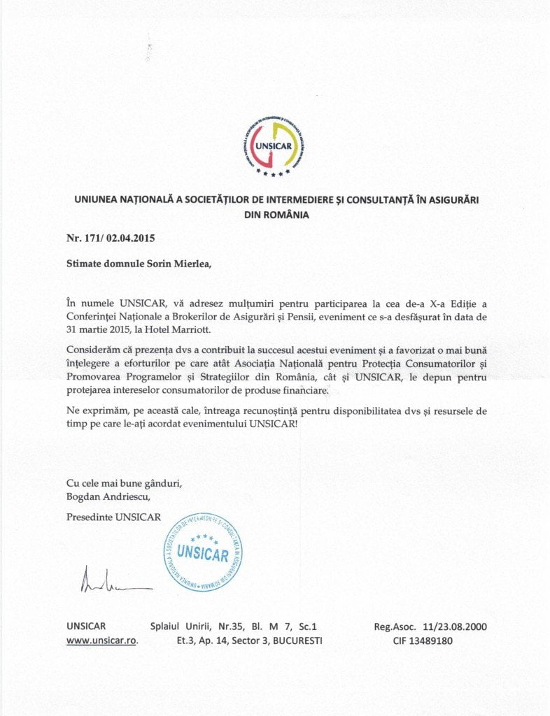 Scrisoare de multumire - Uniunea Nationala a Societatilor de Intermediere si Consultanta in Asigurari din Romania - Cea de-a X-a Editie a Conferintei Nationale a Brokerilor de Asigurari si Pensii