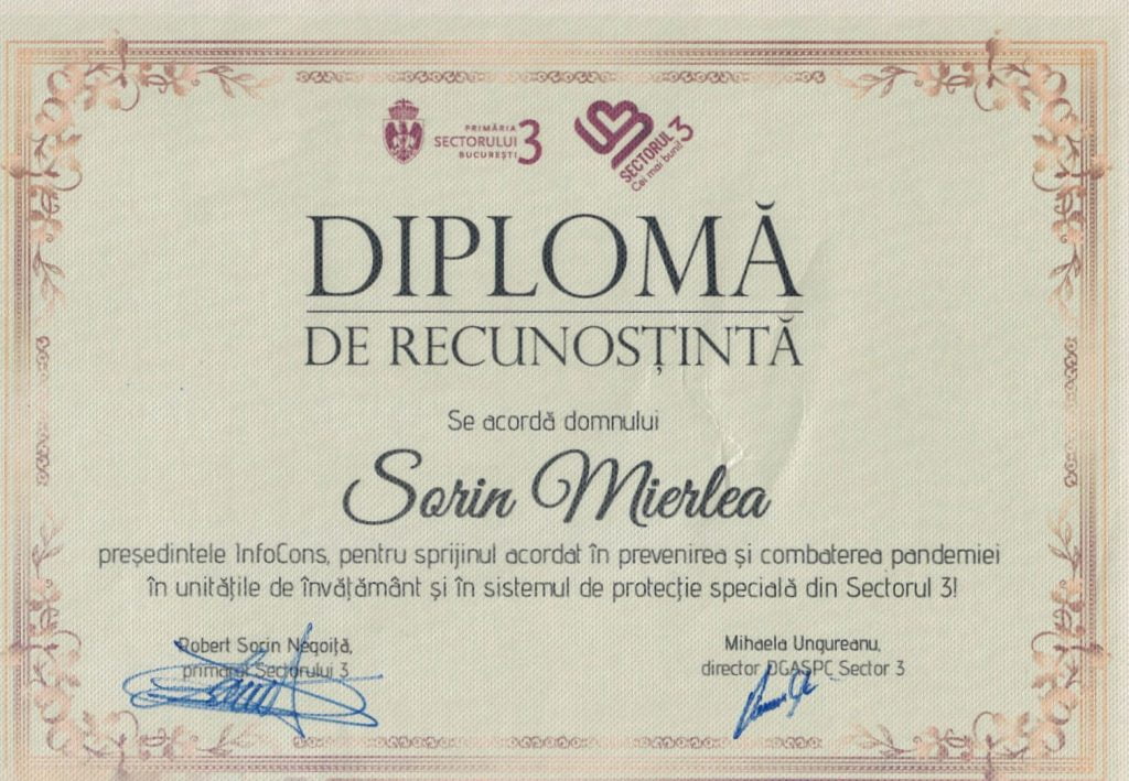 Diploma de recunostinta Sector 3 InfoCons Protectia Consumatorilor