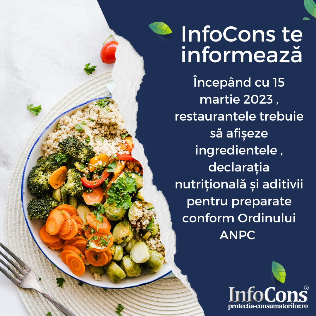 Începând cu 15 martie 2023 , restaurantele trebuie să afișeze ingredientele , declarația nutrițională și aditivii pentru preparate conform Ordinului ANPC – InfoCons Organizație de Protecția Consumatorilor te informează !