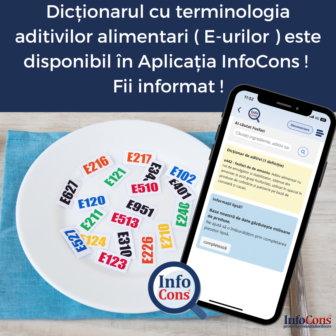 Dicționarul cu terminologia aditivilor alimentari ( E-urilor ) este disponibil în Aplicația InfoCons ! Fii informat ! InfoCons Protectia Consumatorului