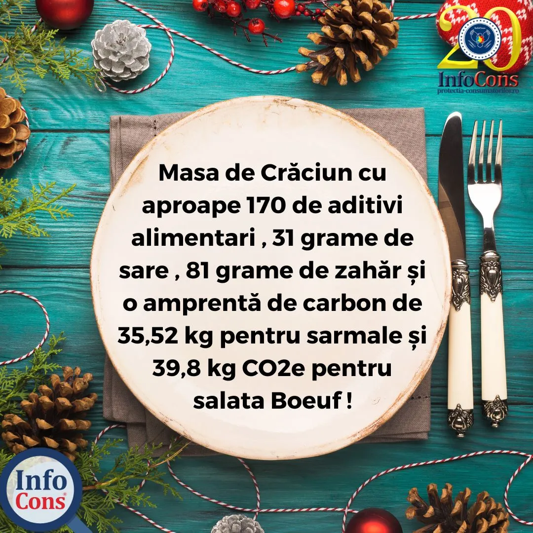 Masa de Crăciun cu aproape 170 de aditivi alimentari , 31 grame de sare , 81 grame de zahăr  și o amprentă de carbon de 35,52 kg pentru sarmale și 39,8 kg CO2e pentru salata Boeuf !