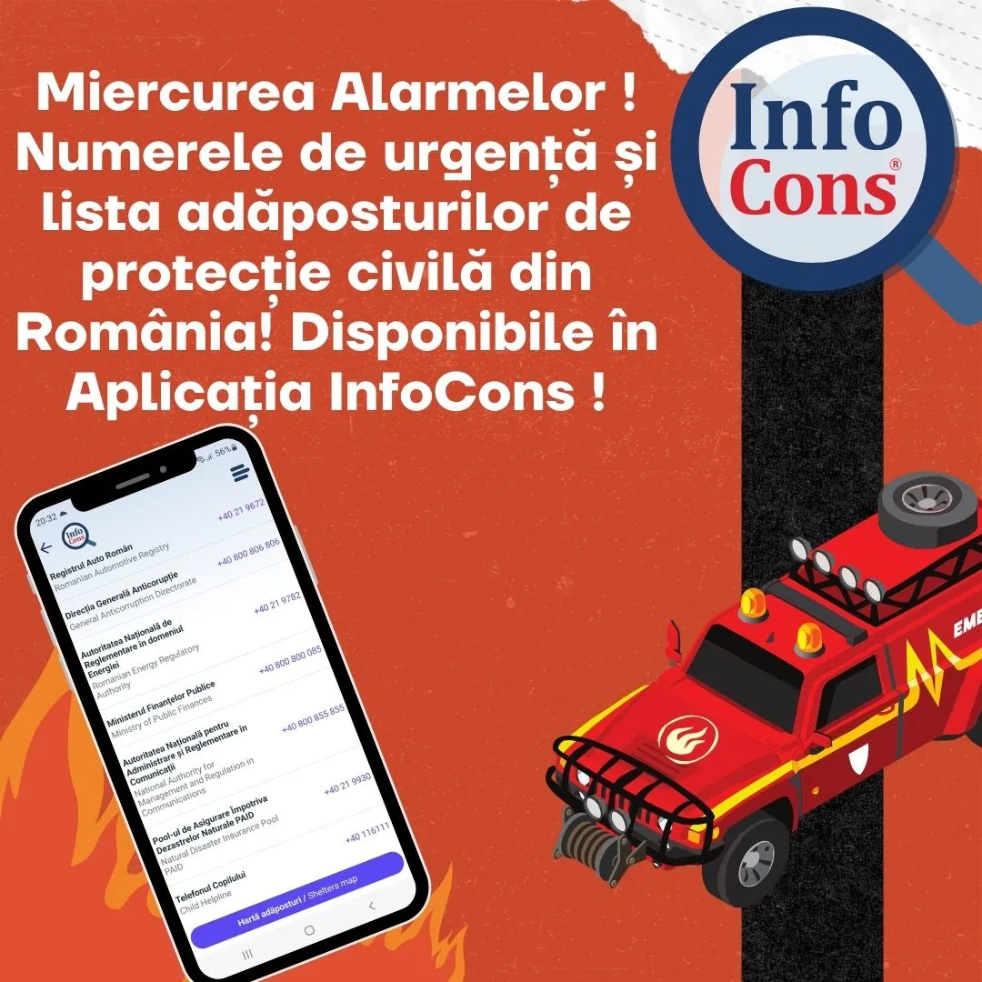 Miercurea Alarmelor ! Numerele de urgență și lista adăposturilor de protecție civilă din România! Disponibile în Aplicația InfoCons !