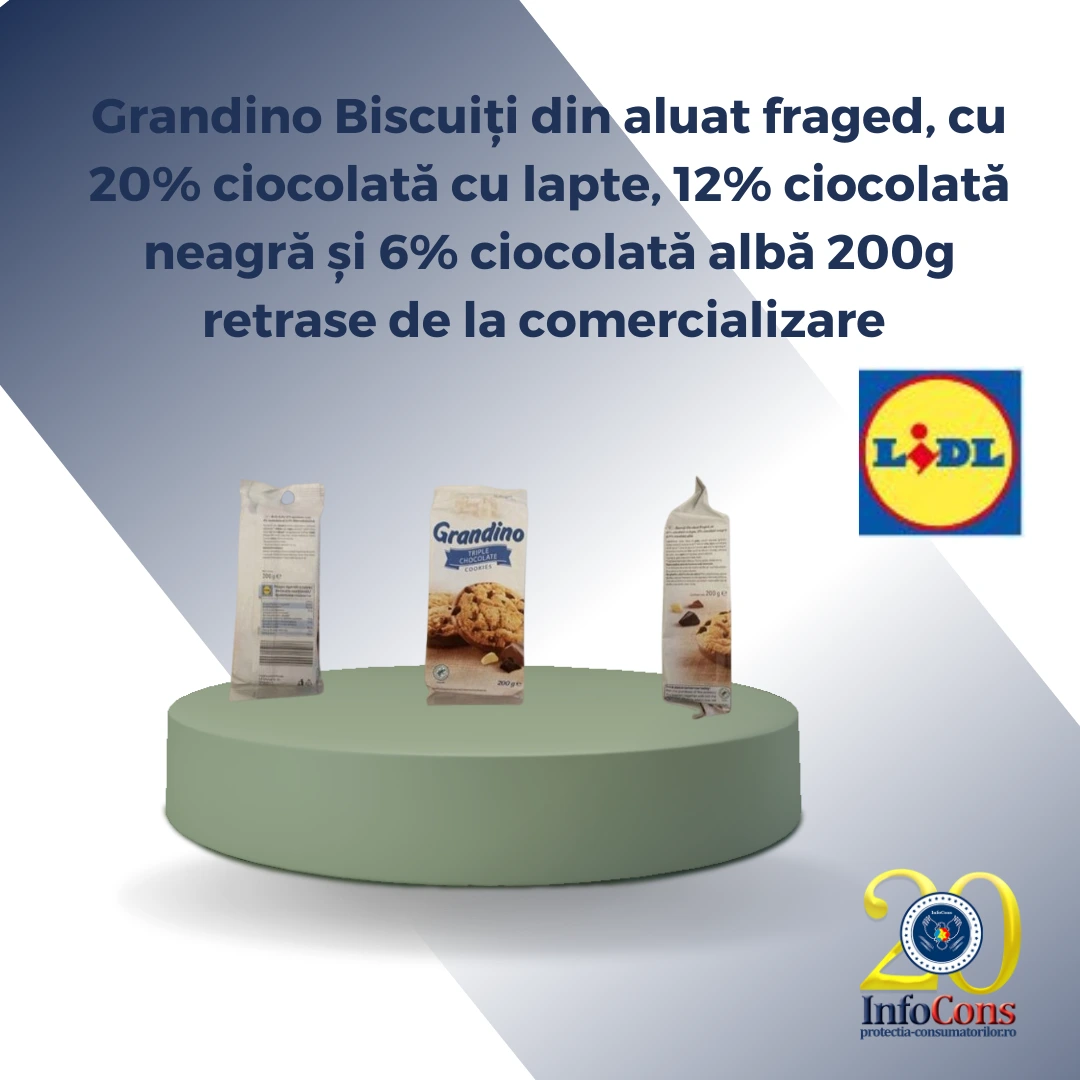 Atenție ! Grandino Biscuiți din aluat fraged, cu 20% ciocolată cu lapte, 12% ciocolată neagră și 6% ciocolată albă 200g – Lidl