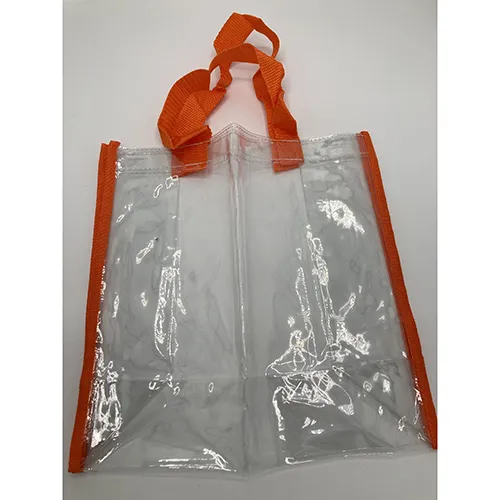 Geantă de plajă din plastic transparent din PVC și material textil portocaliu. Produs vândut online, în special prin intermediul Wish (identificator unic: 624aa03d47e641c1b3a087f2).