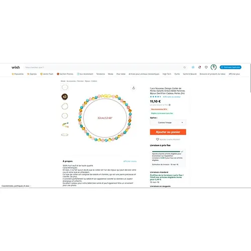 Colier pentru dantura de chihlimbar destinat bebelusilor, de 41 cm lungime, cu margele albastre si roz. Țara de fabricație indicată pe produs sau pe ambalaj: Lituania. Produs vândut online, în special prin intermediul Wish (identificator unic: 5b8a13c39d7742736455a382).