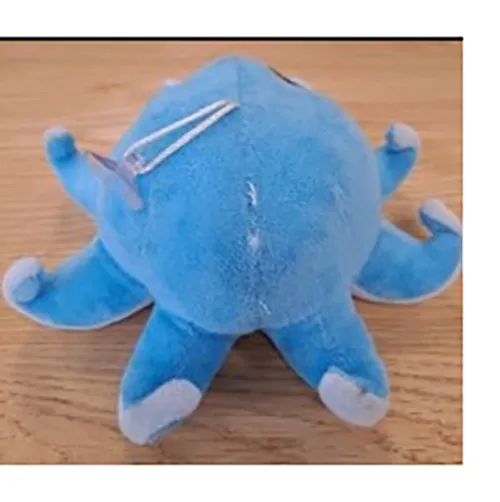 Caracatiță albastră în formă de pluș, cu o mică ventuză atașată de ea printr-un cablu.
