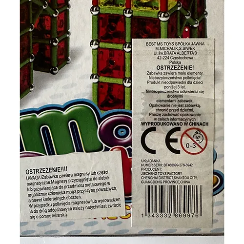 Set de jucării cu blocuri magnetice care constă din 88 de bucăți; inclusiv blocuri colorate din plastic, bile magnetice și bastoane cu magneți.