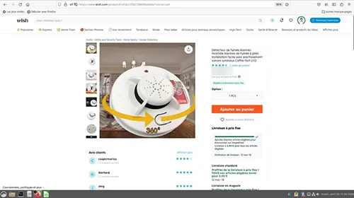 Detector de fum cu baterie, conceput pentru uz casnic. Produs vândut online, în special prin intermediul Wish.