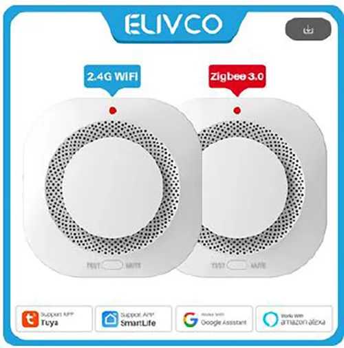 Detector de fum fotoelectric care se conectează la Wi-Fi. Produs vândut online, în special prin intermediul AliExpress (identificator unic de produs: 1005005367684031).