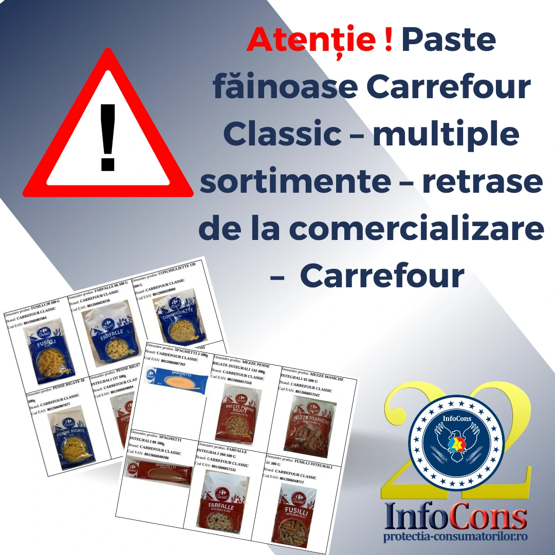 Atenție ! Paste făinoase Carrefour Classic – multiple sortimente – retrase de la comercializare –  Carrefour