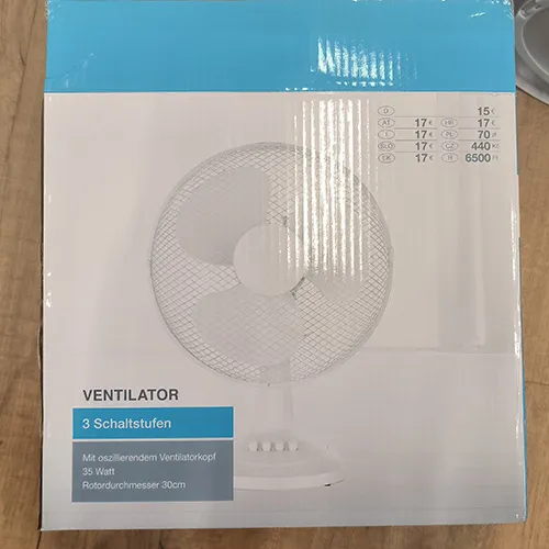Ventilator electric cu trei niveluri de viteză, alimentat la rețea. Produs vândut online, în special prin intermediul woolworth.pl