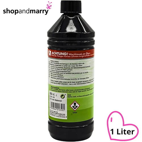 Ulei de lampă inodor pentru torțe, lămpi și utilizare în interior, 1 l. Produs vândut online, în special prin Amazon (ASIN: B0CB6DC559).