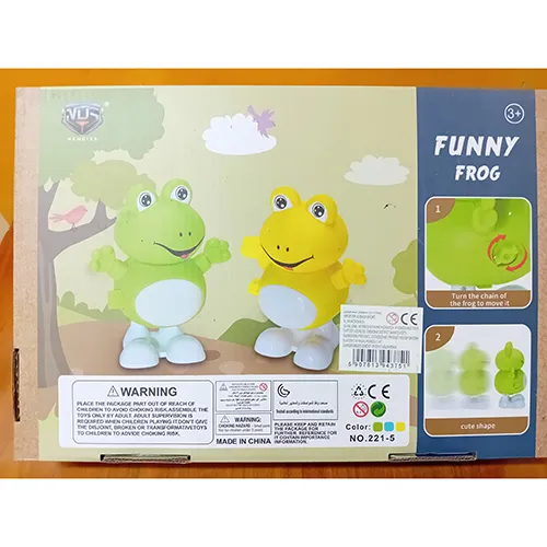 Broască de jucărie rigidă din plastic, cu șurub, verde și alb. Broasca se mișcă când cheia este întoarsă.