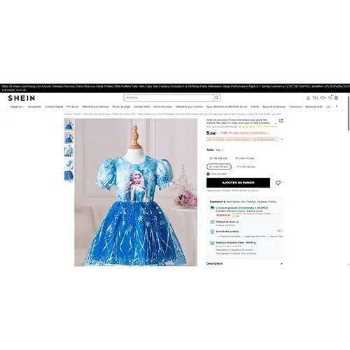 Costum fantezie-rochie din tesatura alb-albastra cu un voal din tesatura albastra. Produs vândut online, în special prin intermediul fr.shein.com (număr unic de identificare: sk2412254123997662).