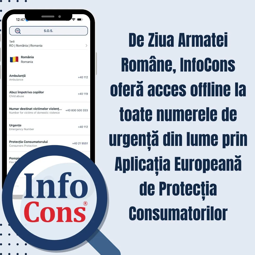 De Ziua Armatei Române , InfoCons Protecția Consumatorului oferă acces offline la toate numerele de urgență din lume prin Aplicația Europeană de Protecția Consumatorilor