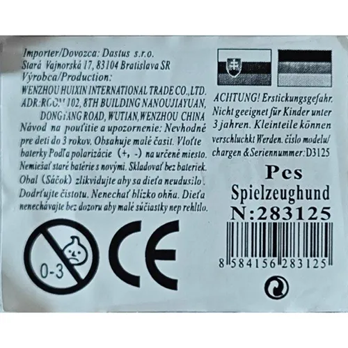 Jucărie de pluș &icirc;n formă de c&acirc;ine, v&acirc;ndută &icirc;n diferite culori, cu arcuri roșii atașate la urechile jucăriei și o bandă de cauciuc cu un clopot atașat &icirc;n jurul g&acirc;tului c&acirc;inelui și o lesă colorată care se termină &icirc;ntr-un os de plastic. Jucăria este acționată de baterii cu 2 baterii AA.