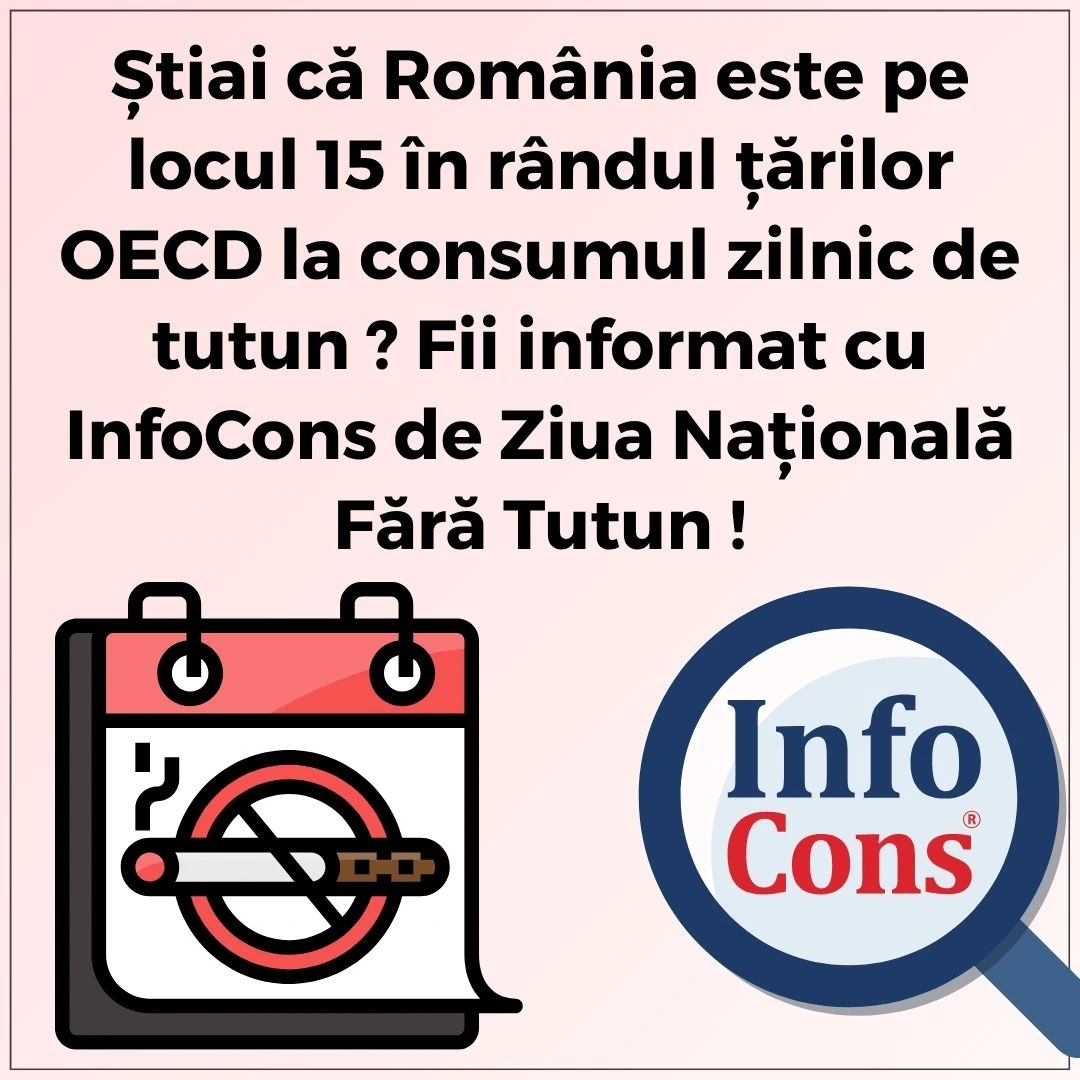 Știai că România este pe locul 15 în rândul țărilor OECD la consumul zilnic de tutun ? Fii informat cu InfoCons de Ziua Națională Fără Tutun !