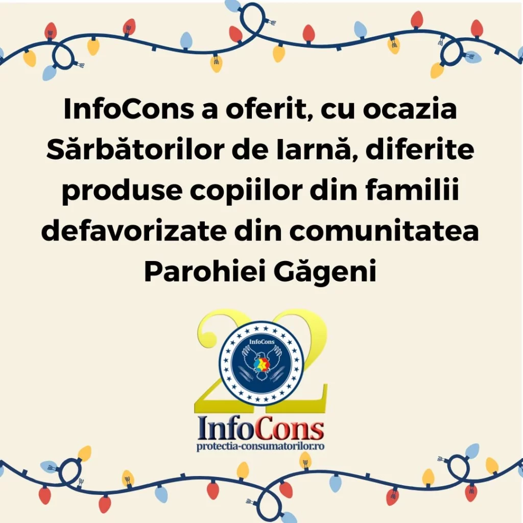 InfoCons Protecția Consumatorilor a oferit , cu ocazia Sărbătorilor de Iarnă , diferite produse copiilor din familii defavorizate din comunitatea Parohiei Găgeni