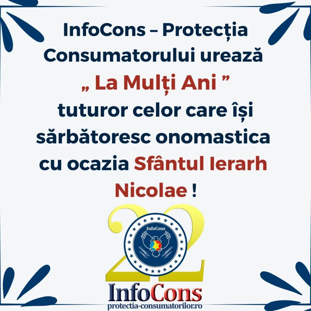 InfoCons Protecția Consumatorului urează La Mulți Ani tuturor celor care își sărbătoresc onomastica cu ocazia Sfântul Ierarh Nicolae