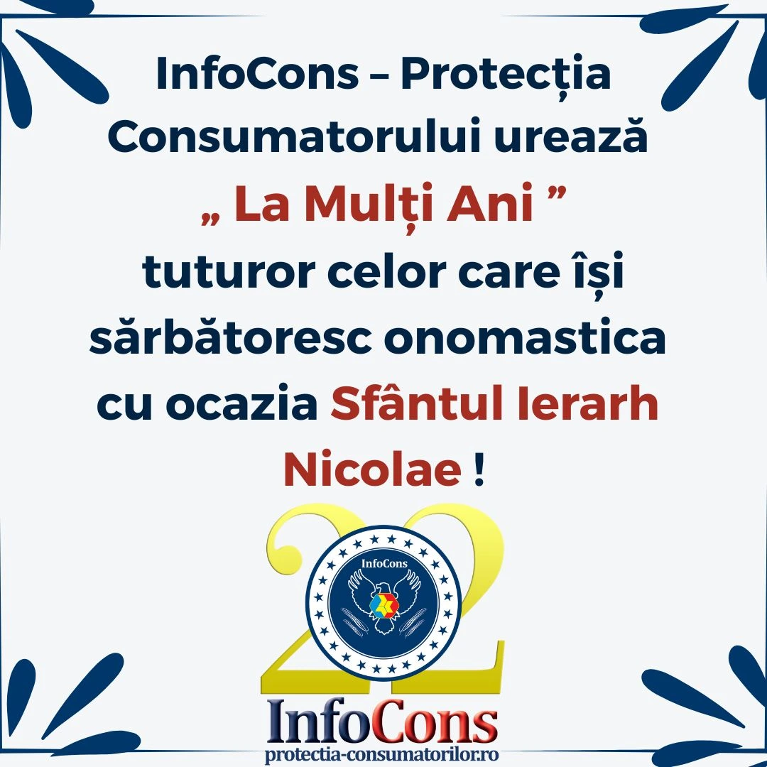 InfoCons Protecția Consumatorului urează La Mulți Ani tuturor celor care își sărbătoresc onomastica cu ocazia Sfântul Ierarh Nicolae