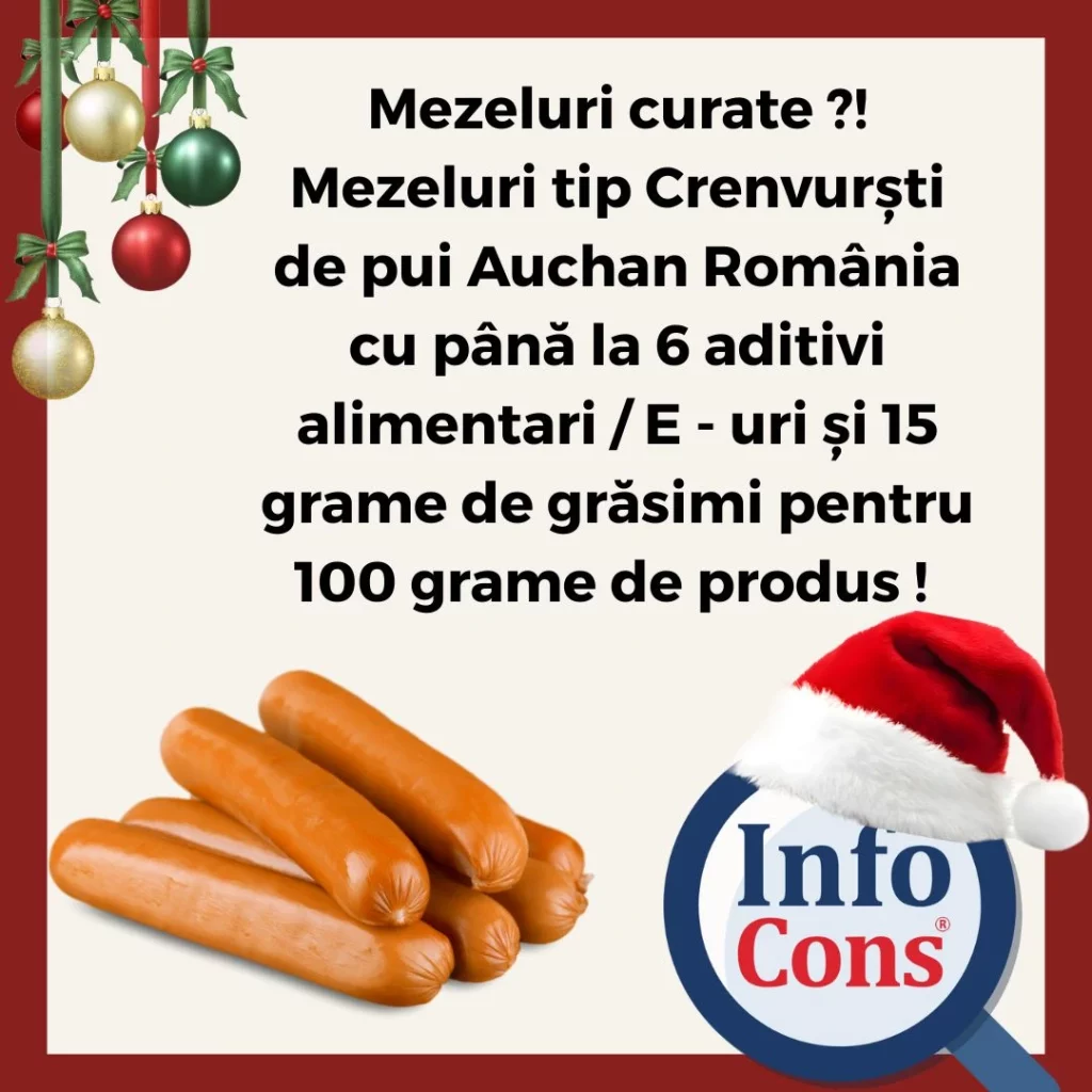 Mezeluri curate ?! Mezeluri tip Crenvurști de pui Auchan România cu până la 6 aditivi alimentari / E - uri și 15 grame de grăsimi pentru 100 grame de produs ! 