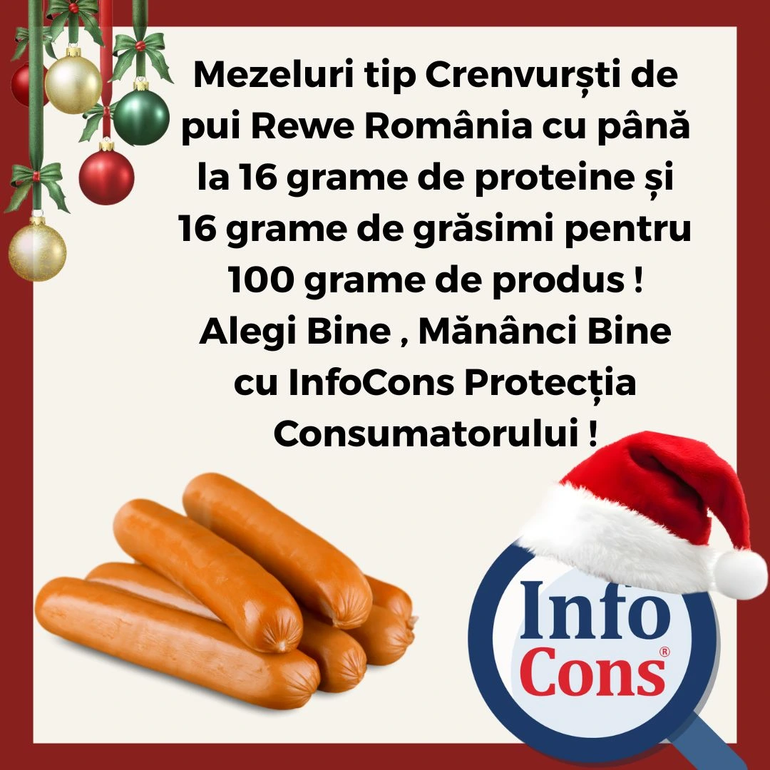 Mezeluri tip Crenvurști de pui Rewe Rom&acirc;nia cu p&acirc;nă la 16 grame de proteine și 16 grame de grăsimi pentru 100 grame de produs&nbsp; ! Alegi Bine , Măn&acirc;nci Bine cu InfoCons Protecția Consumatorului !
