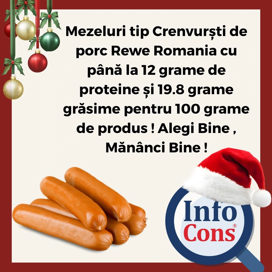 Mezeluri tip Crenvurști de porc Rewe Romania cu până la 12 grame de proteine și 19.8 grame grăsime pentru 100 grame de produs ! Alegi Bine , Mănânci Bine !