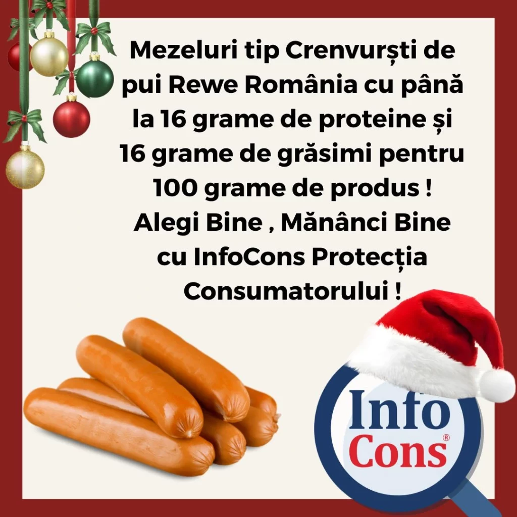 Mezeluri tip Crenvurști de pui Rewe România cu până la 16 grame de proteine și 16 grame de grăsimi pentru 100 grame de produs  ! Alegi Bine , Mănânci Bine cu InfoCons Protecția Consumatorului !