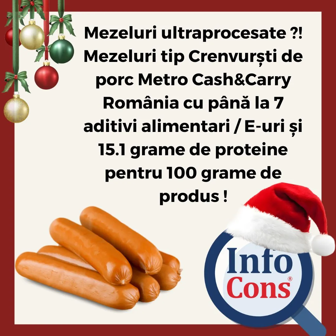 Mezeluri ultraprocesate ?! Mezeluri tip Crenvurști de porc Metro Cash&Carry România cu până la 7 aditivi alimentari / E-uri și 15.1 grame de proteine pentru 100 grame de produs !