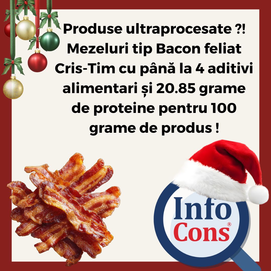 Produse ultraprocesate ?! Mezeluri tip Bacon feliat Cris-Tim cu până la 4 aditivi alimentari și 20.85 grame de proteine pentru 100 grame de produs !