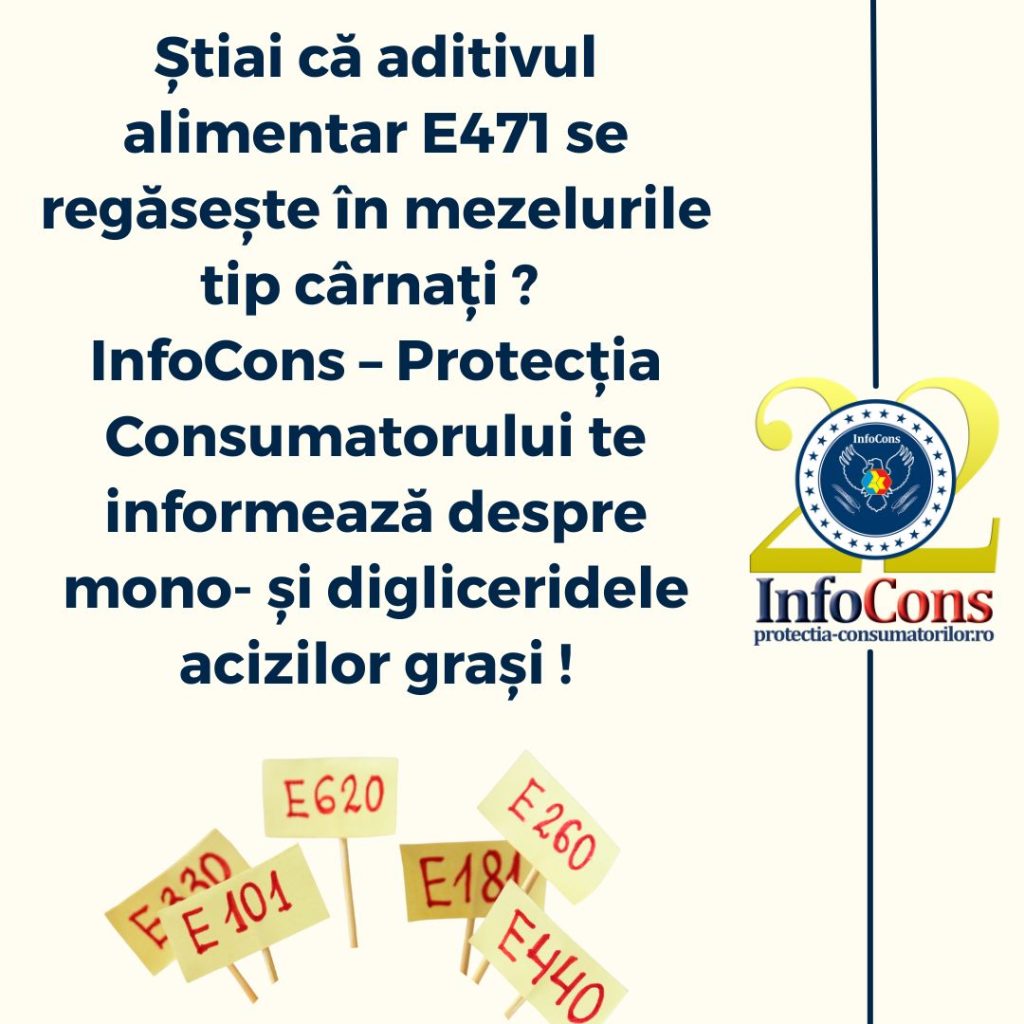 Știai că aditivul alimentar E471 se regăsește în mezelurile tip cârnați ? InfoCons Protecția Consumatorului te informează despre mono- și digliceridele acizilor grași ! Alegi Bine , Mănânci Bine !