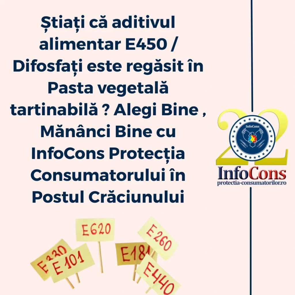 Știați că aditivul alimentar E450 / Difosfați este regăsit în Pasta vegetală tartinabilă ? Alegi Bine , Mănânci Bine cu InfoCons Protecția Consumatorului în Postul Crăciunului