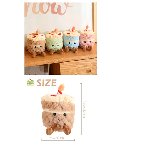 Breloc cu o jucărie moale &icirc;n formă de tort de ziua de naștere cu ochi de plastic și o &icirc;ncuietoare metalică aurie. Produs v&acirc;ndut online, &icirc;n special prin intermediul TikTok.