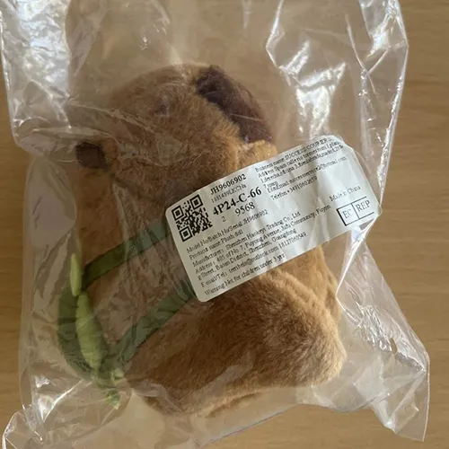 Breloc cu o jucărie moale &icirc;n formă de capibara maro cu un rucsac textil verde. Produs v&acirc;ndut online, &icirc;n special prin intermediul Amazon (ASIN: B0CP6VKLGP).