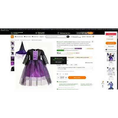 Rochie de vrăjitoare neagră și mov cu sclipici pe bust, cu o pălărie neagră de vrăjitoare decorată cu o panglică din dantelă mov. Produs v&acirc;ndut online, &icirc;n special prin intermediul TEMU.