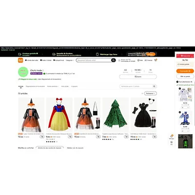 Rochie de vrăjitoare neagră și mov cu sclipici pe bust, cu o pălărie neagră de vrăjitoare decorată cu o panglică din dantelă mov. Produs v&acirc;ndut online, &icirc;n special prin intermediul TEMU.