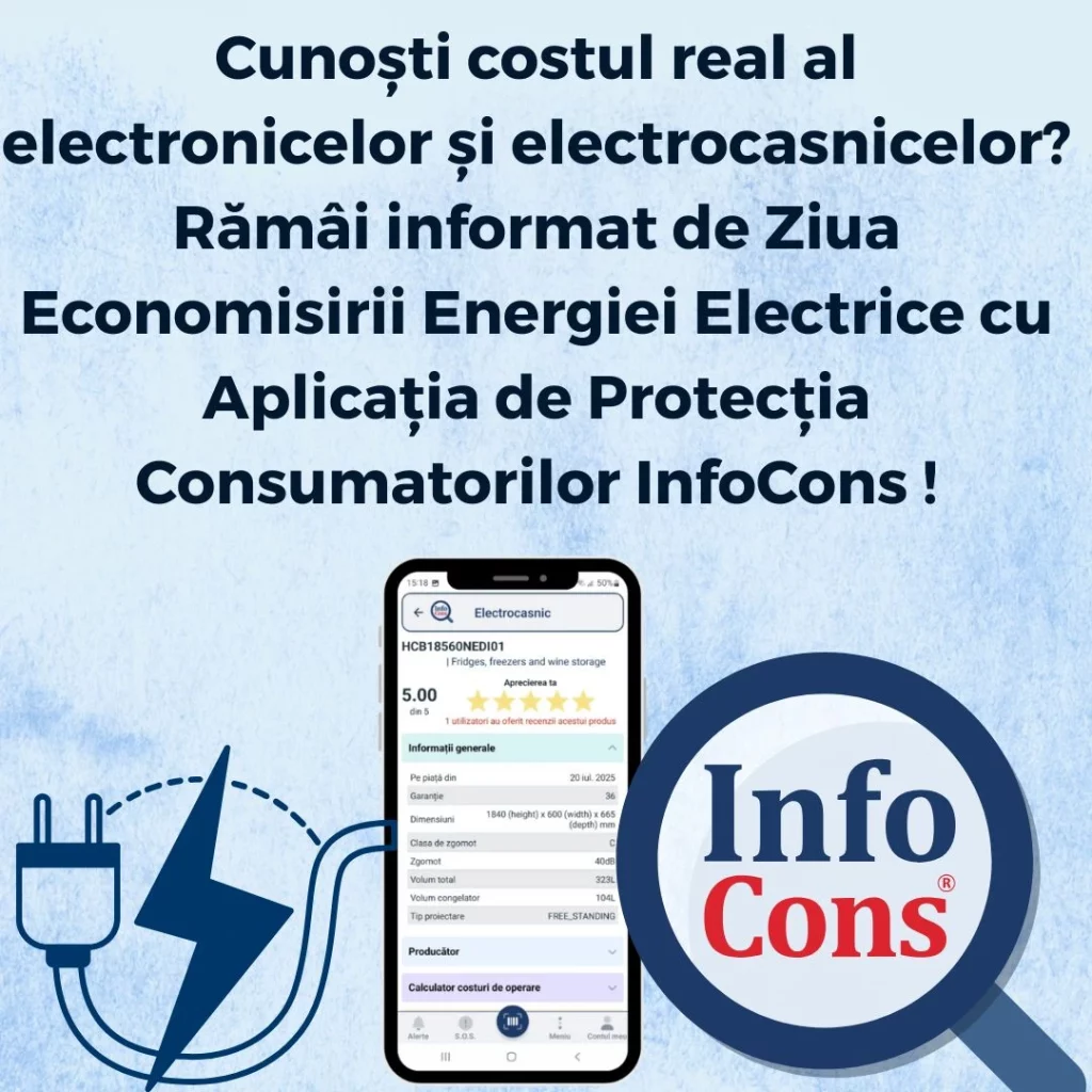 Cunoști costul real al electronicelor și electrocasnicelor ? Rămâi informat de Ziua Economisirii Energiei Electrice cu Aplicația de Protecția Consumatorilor InfoCons !