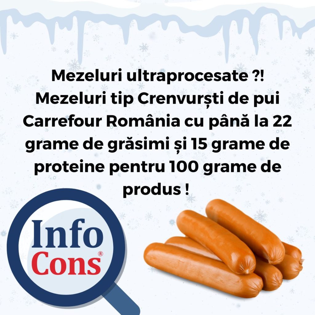 Mezeluri ultraprocesate ?! Mezeluri tip Crenvurști de pui Carrefour Rom&acirc;nia cu p&acirc;nă la 22 grame de grăsimi și 15 grame de proteine pentru 100 grame de produs&nbsp; !&nbsp;