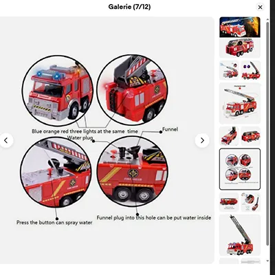 Motor de foc de jucărie roșu, electric, cu sirene luminoase și o țeavă de plastic pentru evacuarea apei. Produs v&acirc;ndut online, &icirc;n special prin intermediul eBay (identificator unic: 356769469852).