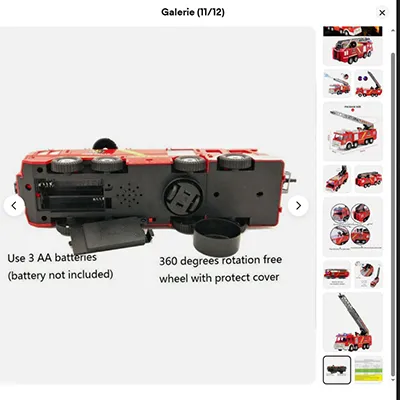 Motor de foc de jucărie roșu, electric, cu sirene luminoase și o țeavă de plastic pentru evacuarea apei. Produs v&acirc;ndut online, &icirc;n special prin intermediul eBay (identificator unic: 356769469852).