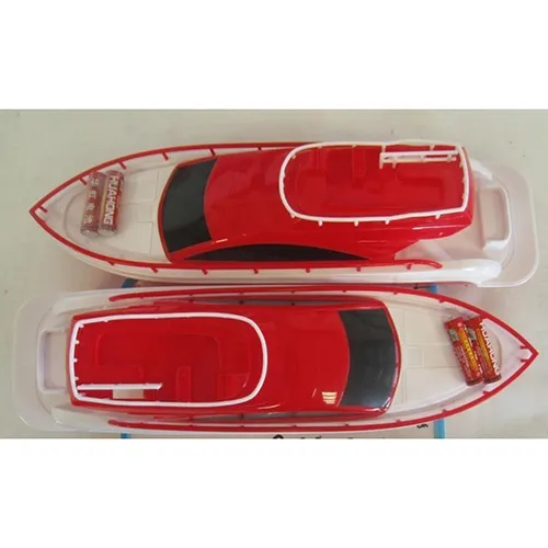 Jucărie de baie &icirc;n formă de barcă de plastic roșie și albă, cu două motoare cu elice care necesită o baterie fiecare. Produs v&acirc;ndut online, &icirc;n special prin intermediul eBay (identificator unic: 127095230458).