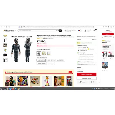 Costum fantezie-rochie reprezent&acirc;nd Wolverine, const&acirc;nd dintr-un costum negru căptușit, o mască și gheare pentru m&acirc;ini. Produs v&acirc;ndut online, &icirc;n special prin intermediul AliExpress (identificator unic de produs: 1005008770457726).